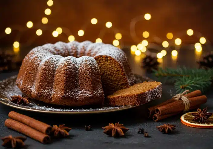 A classic Christmas gingerbread cake dusted with powdered sugar, surrounded by festive elements like cinnamon sticks, star anise, pine branches, dried oranges, and warm fairy lights, perfectly illustrating "Classic Christmas Favorites: Gingerbread Cake."