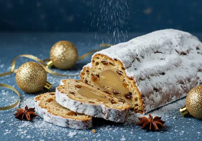 Traditional Christmas Stollen dusted heavily with powdered sugar, sliced to reveal rich marzipan and raisins inside, surrounded by golden ornaments, star anise, and festive ribbons, capturing the warmth of "Classic Christmas Favorites: Stollen."