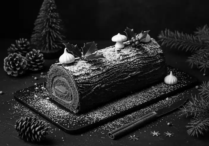 A festive Yule Log (Bûche de Noël) cake decorated with powdered sugar, holly leaves, berries, and meringue mushrooms, set on a black tray with pine cones and branches, embodying the theme "Classic Christmas Favorites: Yule Log (Bûche de Noël)."