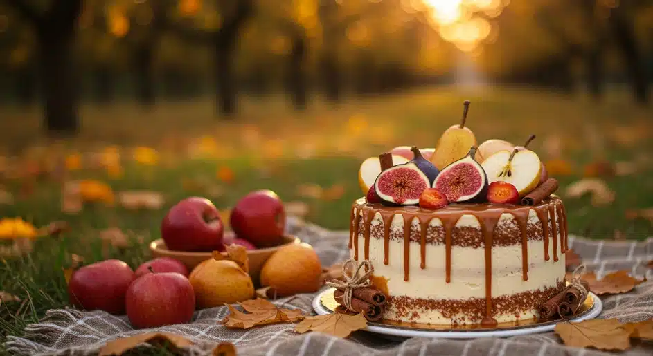 A rustic fall cake topped with figs, pears, apples, and cinnamon sticks, celebrating rich and comforting seasonal flavors.