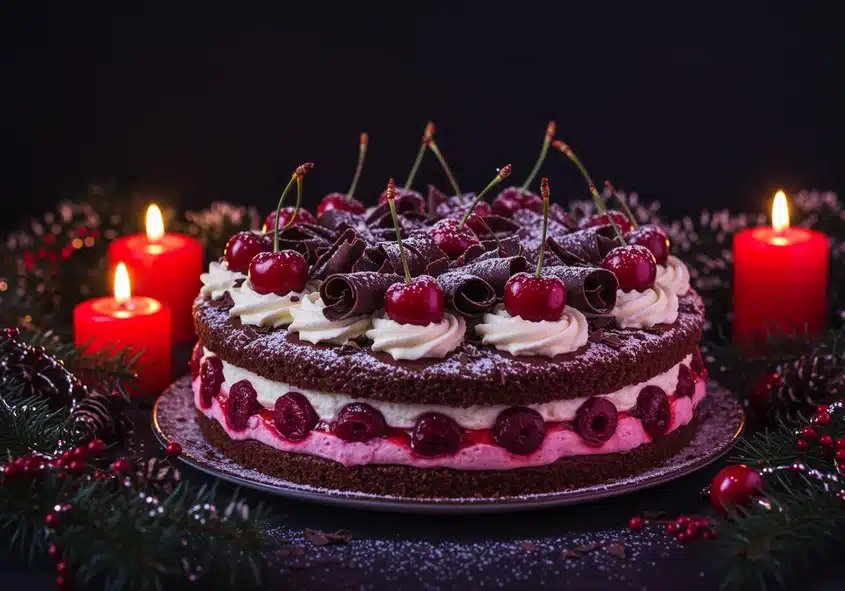 A festive modern Christmas Black Forest cake featuring layers of chocolate sponge, whipped cream, cherries, chocolate curls, and powdered sugar, surrounded by red candles, pine branches, and holiday berries, highlighting "Modern Christmas Cake Trends: Black Forest Cake."