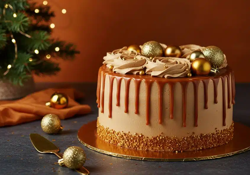 A stylish modern Christmas caramel cake with smooth caramel drip, golden frosting rosettes, glittery gold ornaments, and golden sprinkles at the base, placed next to festive Christmas decorations, representing "Modern Christmas Cake Trends: Caramel Cake."