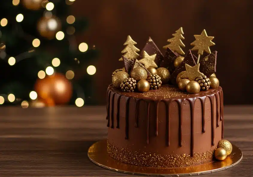 A modern Christmas chocolate cake decorated with gold-dusted chocolate trees, stars, spheres, and berries, featuring a glossy chocolate drip and festive sparkle, perfectly representing "Modern Christmas Cake Trends: Chocolate Cakes."