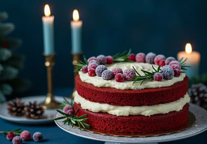 A festive modern Christmas red velvet cake with two layers of cream cheese frosting, decorated with sugared cranberries and rosemary sprigs, set against a backdrop of lit candles and holiday décor, embodying "Modern Christmas Cake Trends: Red Velvet Cake."
