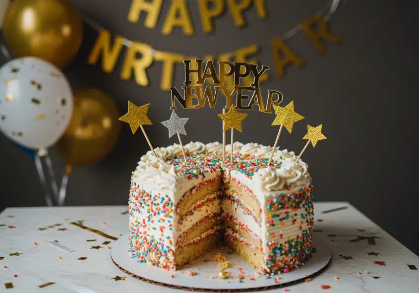 A colorful New Year's Eve sprinkle cake with layers of vanilla sponge and frosting, decorated with rainbow sprinkles, "Happy New Year" topper, gold and silver star picks, and festive balloons in the background, fitting "New Year's Eve Cake Celebrations."
