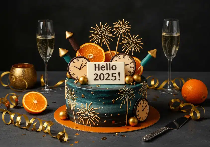 A personalized New Year's Eve cake decorated with golden fireworks, clocks, rockets, orange slices, and a "Hello 2025!" sign, surrounded by champagne glasses, gold ribbons, and festive decor, perfectly illustrating "New Year's Eve Cake Celebrations: Personalized Cake."