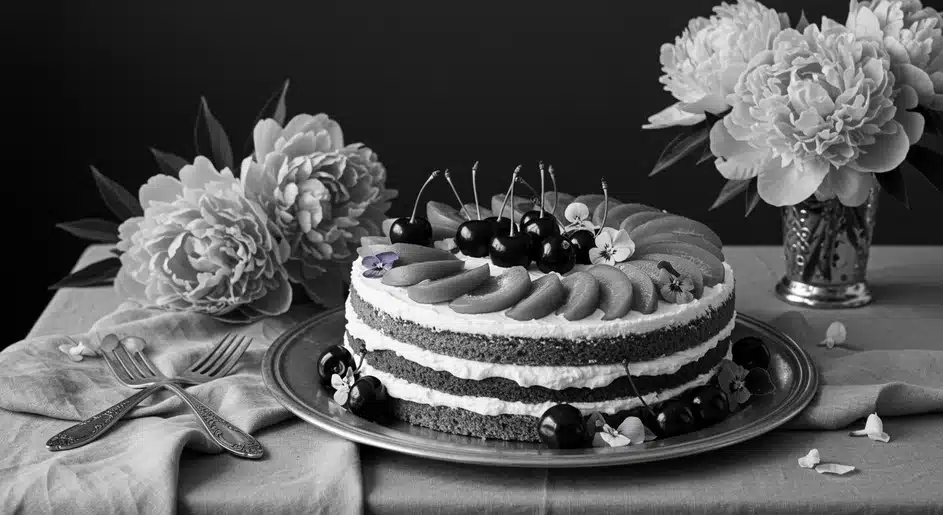 A layered cake topped with fresh spring fruits like sliced peaches and cherries, styled for spring-fresh and tangy beginnings.