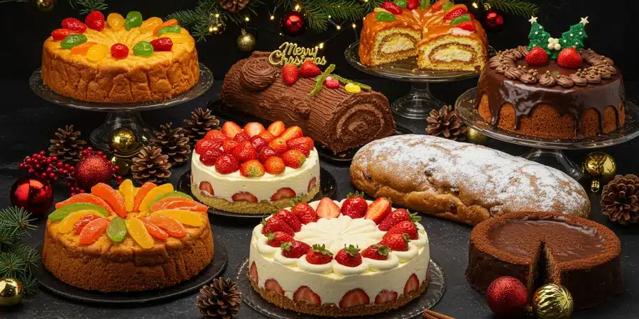 A festive table filled with colorful Christmas cakes, including fruit-topped sponge cakes, chocolate Yule log, strawberry shortcakes, and a Stollen bread, beautifully decorated for the holiday season, highlighting top-selling cakes during Christmas and New Year.