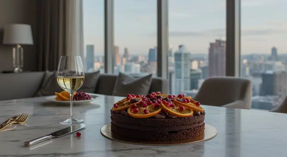 A rich chocolate cake topped with sliced oranges and pomegranate seeds, capturing winter’s preserved and exotic fruit toppings.