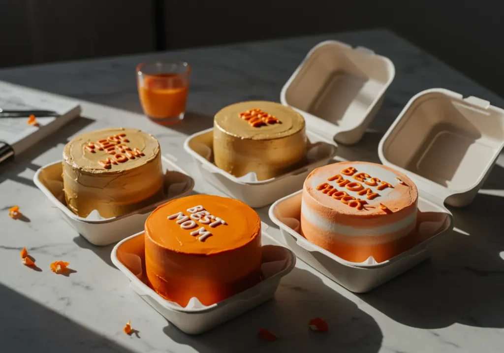 Four colorful bento box cake sets with “Best Mom” messages, displayed in takeaway containers under warm sunlight on a marble table.