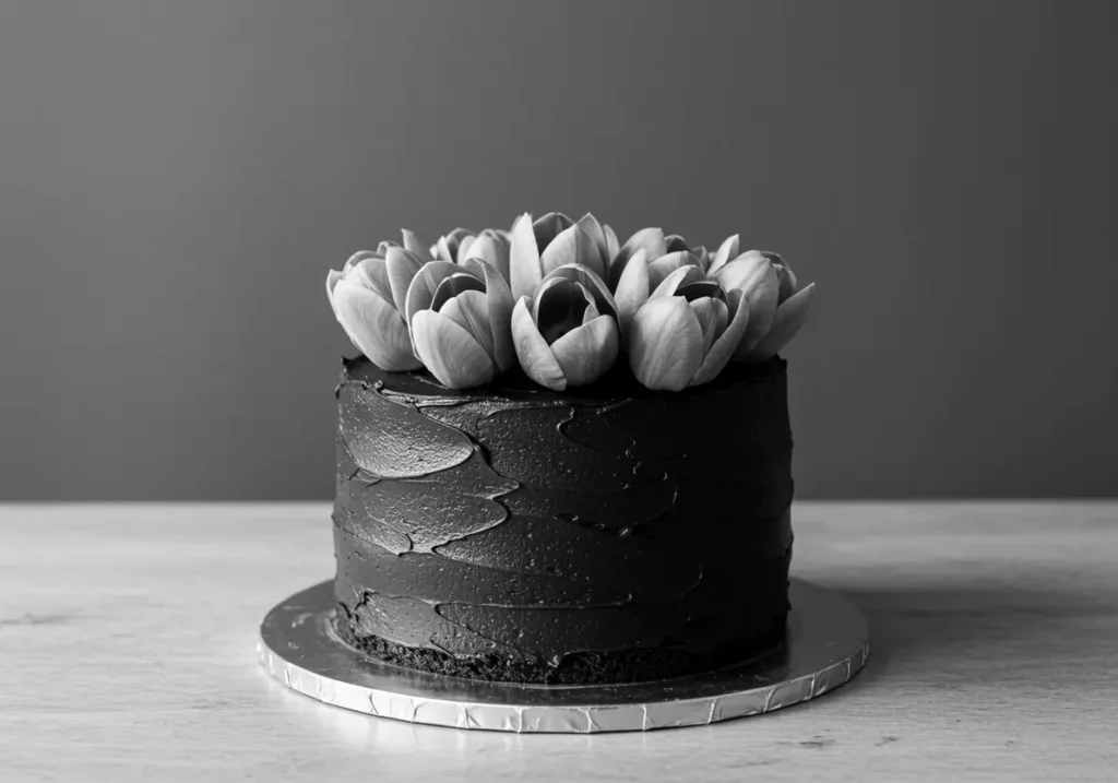 A rich chocolate tulip cake with dark textured frosting and realistic tulip-shaped decorations on top, placed on a wooden surface.