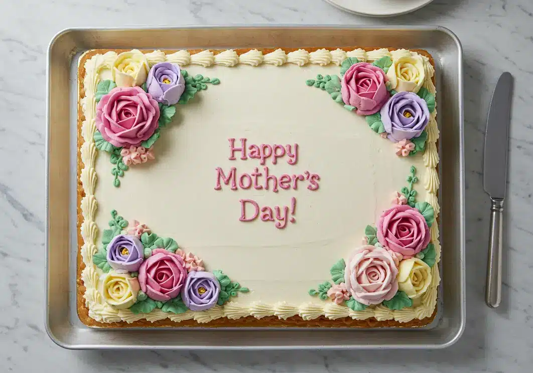 A classic Mother’s Day sheet cake decorated with colorful buttercream flowers and “Happy Mother’s Day!” written in pink icing.