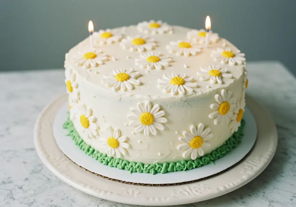 A daisy-themed cake with white frosting, yellow-centered daisy flowers, green piping around the base, and lit candles on top.