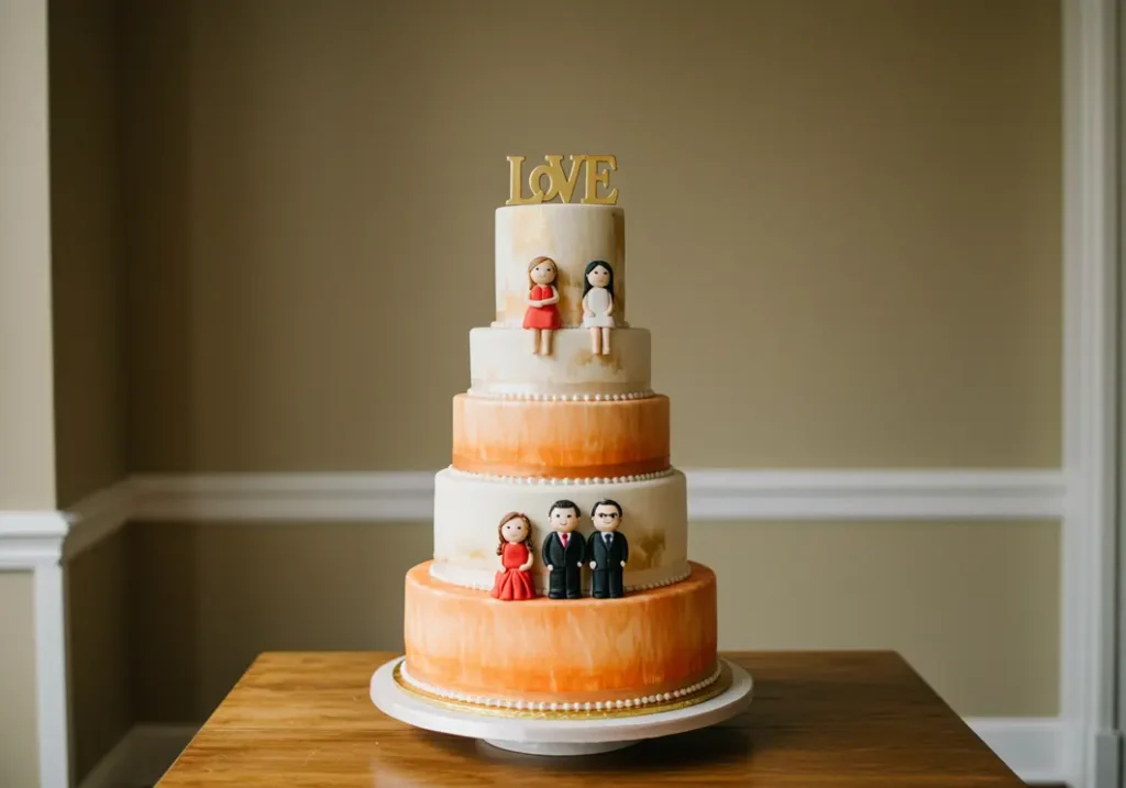 A four-tier family-themed “Love” cake decorated with fondant figurines representing family members and topped with a golden LOVE sign.