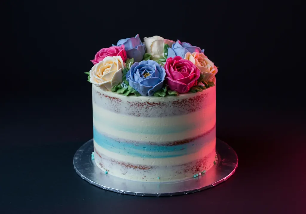 A tall floral cake design featuring pastel stripes and topped with vibrant buttercream roses in pink, purple, blue, and yellow.