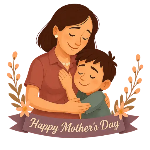 A mother in a red blouse lovingly hugs her child, both smiling with eyes closed, surrounded by flowers and a "Happy Mother’s Day" banner.