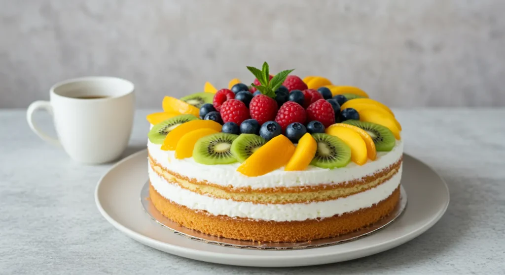 A healthy fruit-topped cake layered with cream and sponge, garnished with kiwi, peaches, berries, and a mint sprig.