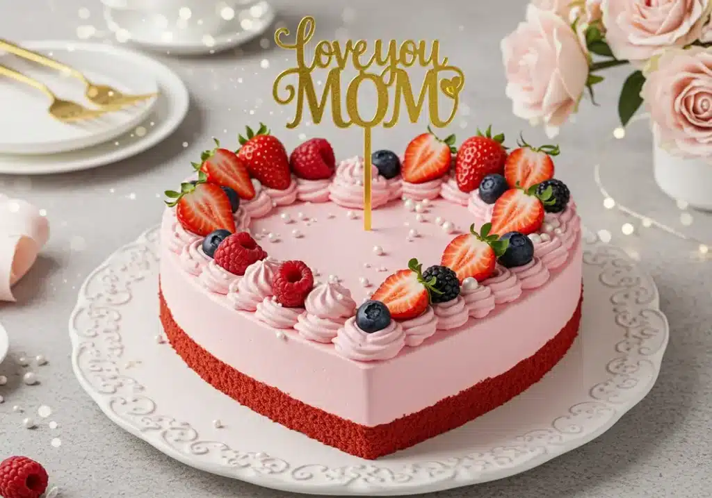A heart-shaped Mother’s Day cake with pink frosting, red velvet base, and fresh berries topped with a gold “Love You Mom” topper.