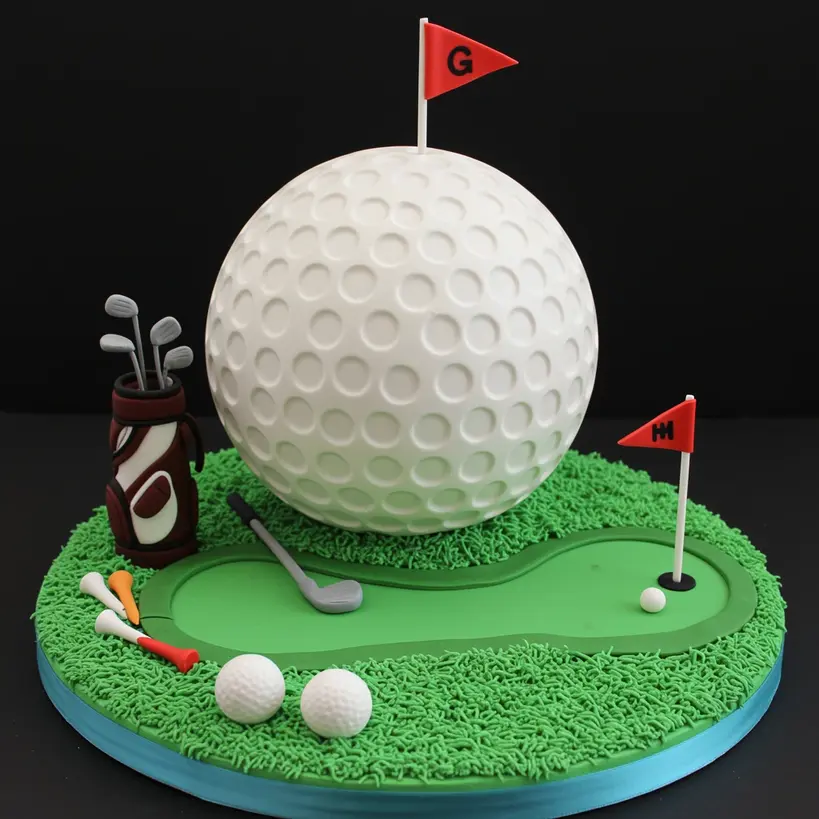 A hobby-inspired Father’s Day cake shaped like a giant golf ball, complete with fondant clubs, tees, and a putting green on top.