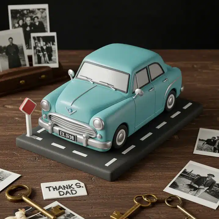 A detailed Memory Lane Father’s Day cake shaped like a vintage blue car, set on a fondant road with a “Thanks Dad” sign.