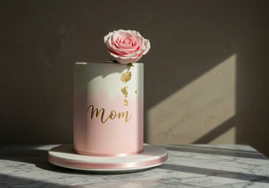 A minimalist Mother’s Day cake with a pink and white gradient, gold foil accents, and a single pink rose on top.