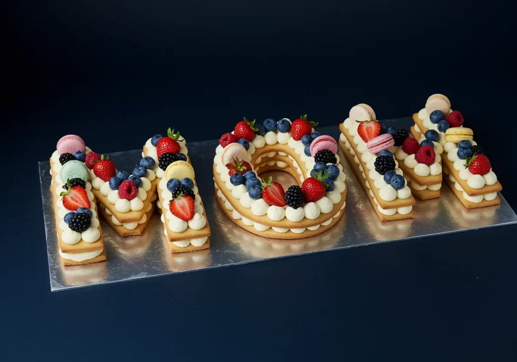 A creative “MOM” letter cake made from layered cookies, cream frosting, fresh berries, and colorful macarons on a silver tray.