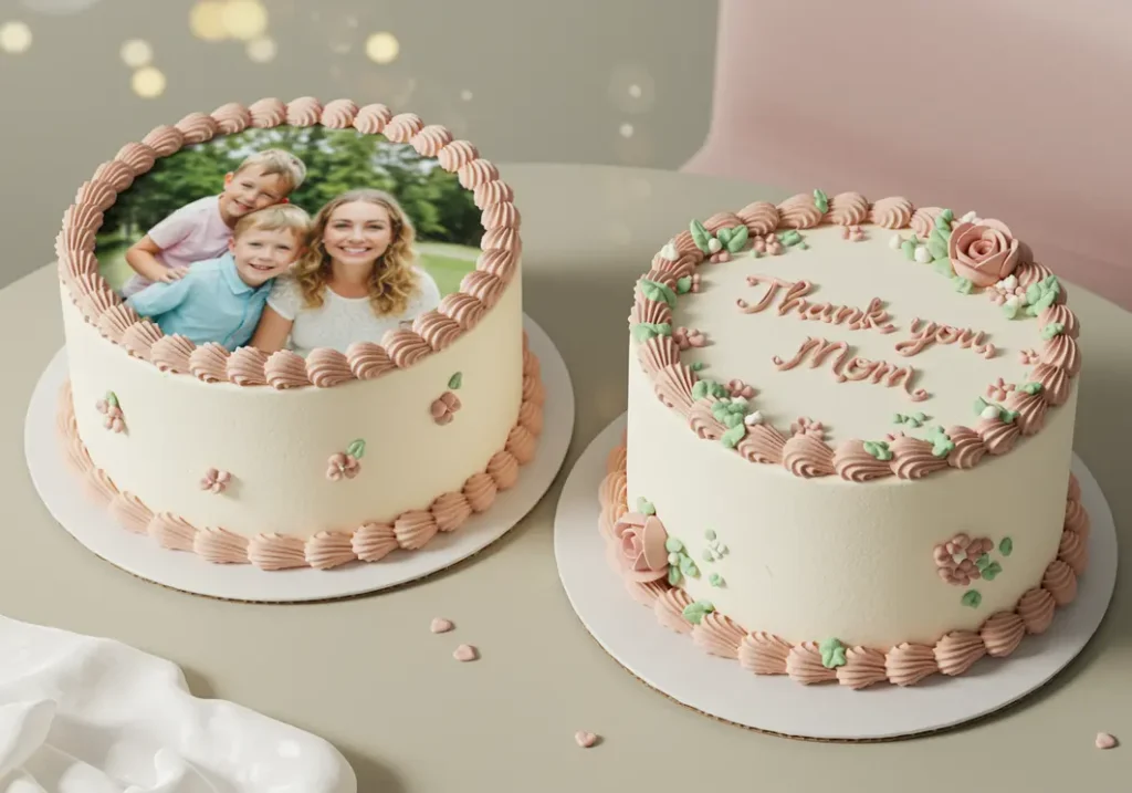 Two photo & message cakes with pastel piping, one featuring a printed family photo and the other with the message “Thank you, Mom”.