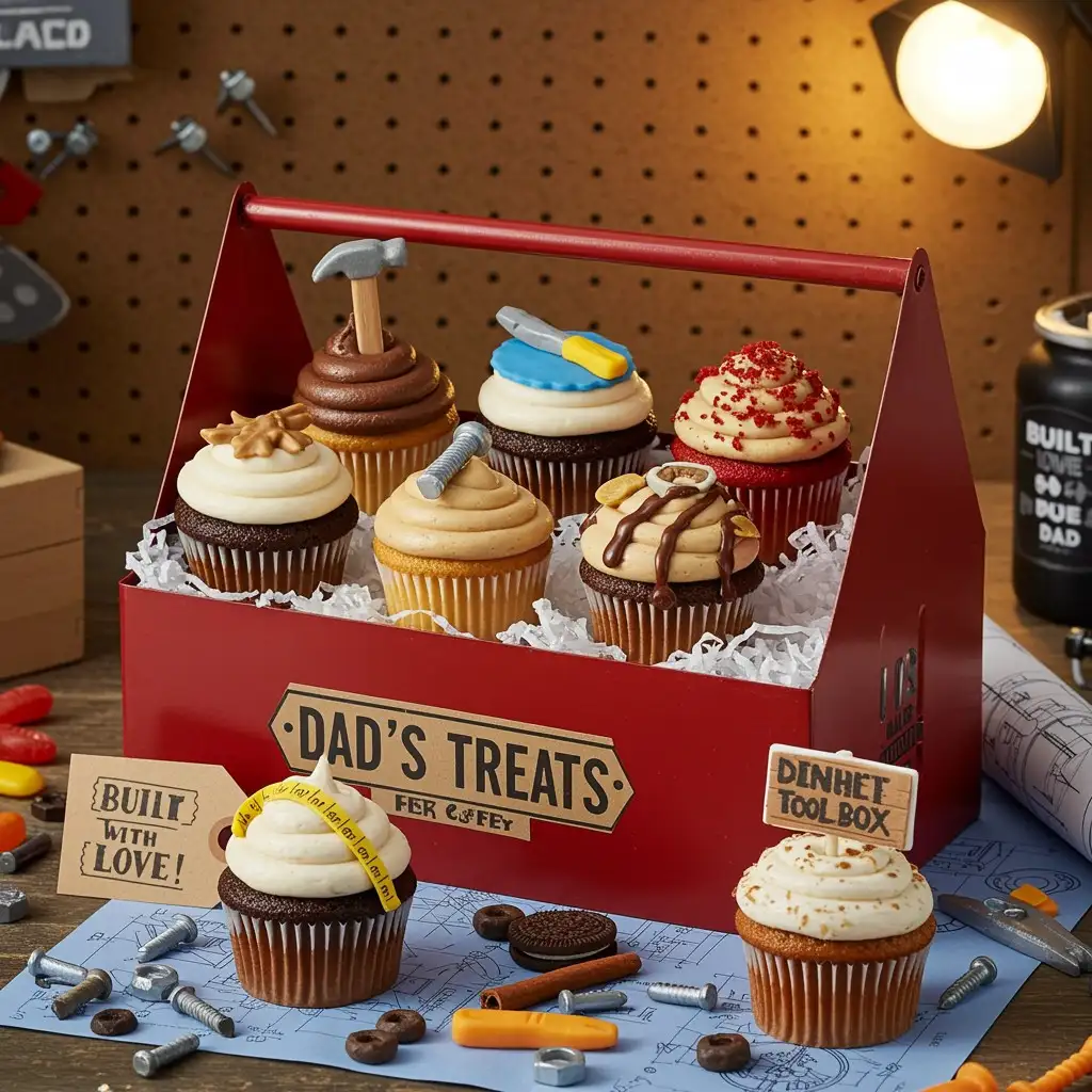 A box filled with tool box theme cupcakes, showcasing creative Father's Day cupcake ideas