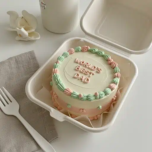 A trendy Father’s Day bento cake with “World’s Best Dad” written on top, decorated with pastel pink and green icing, in a takeout box.