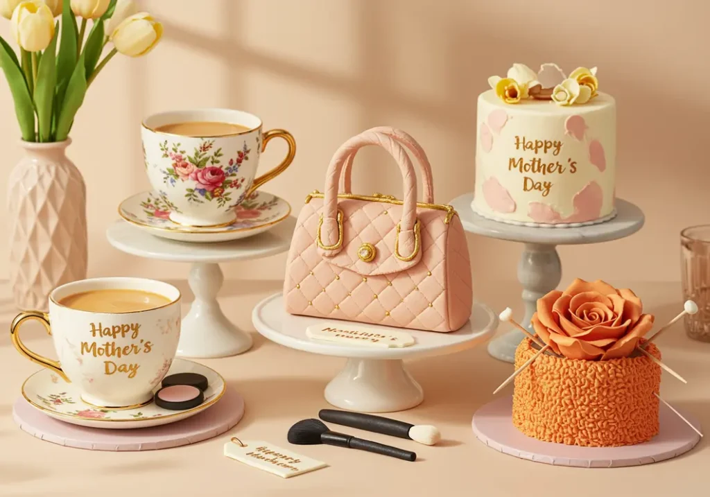 Unique & Creative Cake Designs featuring handbag, knitting, and floral-themed cakes with teacups and makeup brushes for Mother's Day.