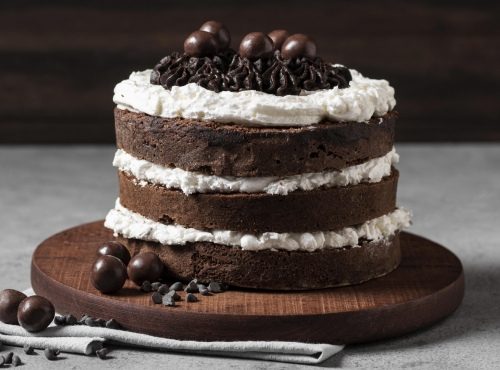A delectable three-layer chocolate cake with fluffy white frosting and adorned with chocolate sprinkles and glossy chocolate balls,
