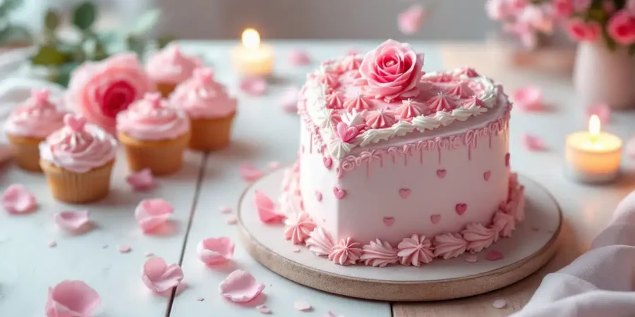 A beautifully decorated heart-shaped cake with intricate pink and white icing designs, surrounded by swirled pink frosting cupcakes, set on a white table with rose petals and lit candles. Perfect for Valentine's Day.