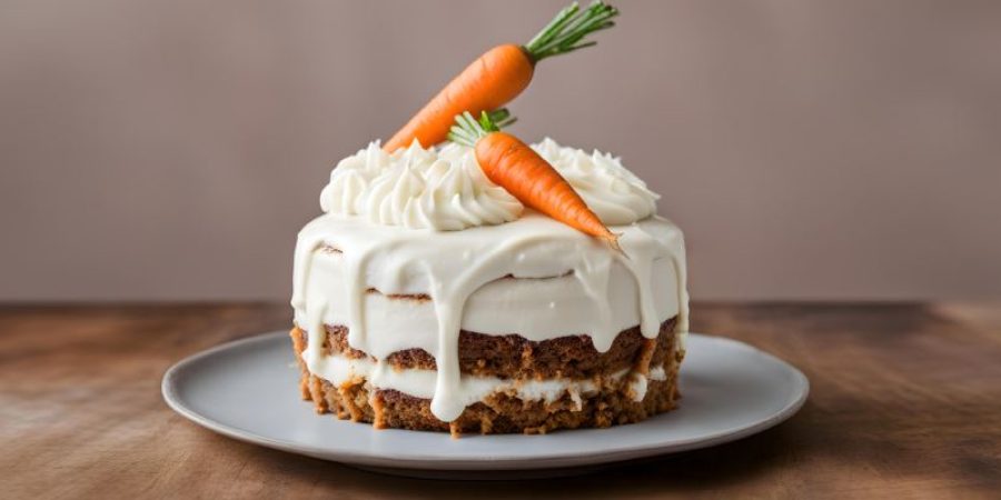 A lusciously iced carrot cake, topped with a fresh carrot, presented on a simple plate