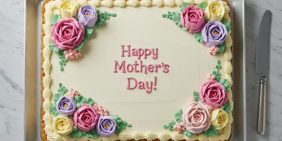A classic Mother’s Day sheet cake decorated with colorful buttercream flowers and “Happy Mother’s Day!” written in pink icing.