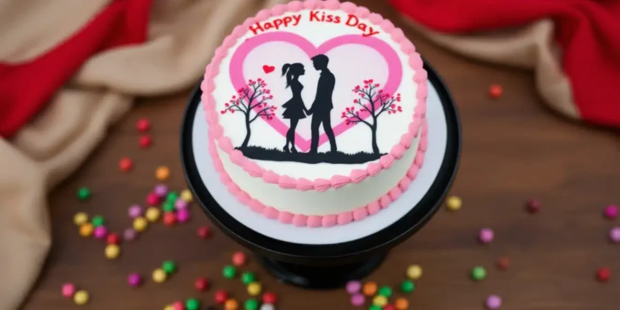 A beautifully decorated cake on a black cake stand, with a white base and pink border. The cake top features an illustration of a couple holding hands, silhouetted against a large heart with a pink background. Additional smaller hearts and two trees with heart-shaped leaves are on either side of the couple. 'Happy Kiss Day' is written at the top of the cake in red. The cake is surrounded by colorful candies scattered on a wooden surface, with red and beige fabric pieces partially visible in the background. The scene captures a romantic theme, perfect for Kiss Day during Valentine's week.