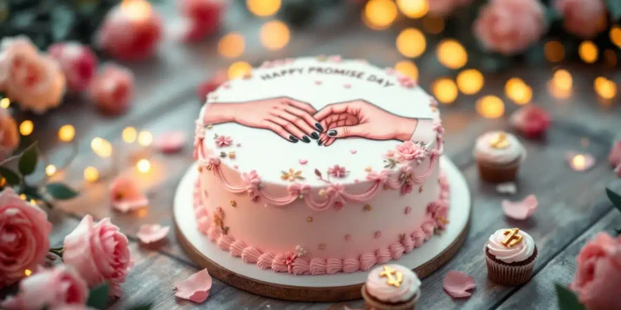 A beautifully decorated Promise Day cake with intricate pink and gold floral designs, white icing, and an illustration of hands holding each other, accompanied by two matching cupcakes with white and pink frosting on a wooden surface with blurred lights and pink roses in the background.