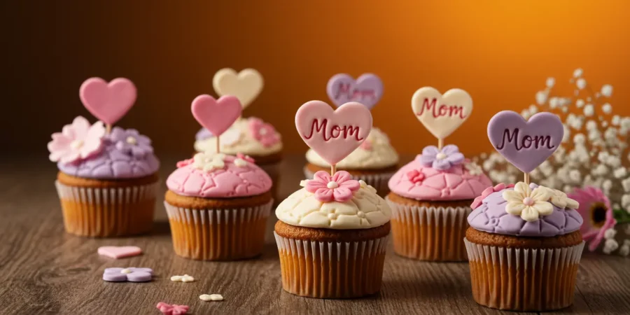 A variety of colorful cupcakes decorated with heart-shaped toppers that say "Mom" and floral fondant for Delightful Cupcake Ideas for Mother's Day.