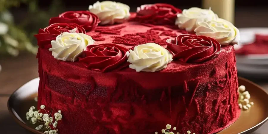 A red velvet cake with intricate rose-shaped frosting on top, decorated with red and white rose designs, perfect for a Rose Day celebration on Valentine’s Day.